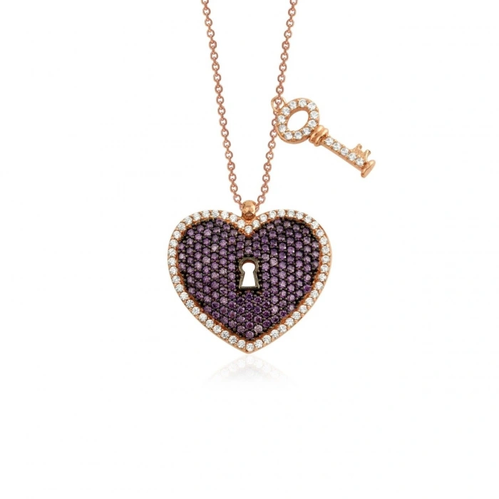 Gümüş Kalbin Anahtarı Kolye Rose