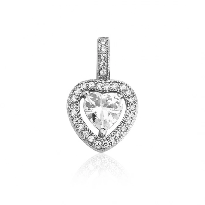 Gümüş Kalp Desenli Tek Taş Kolye