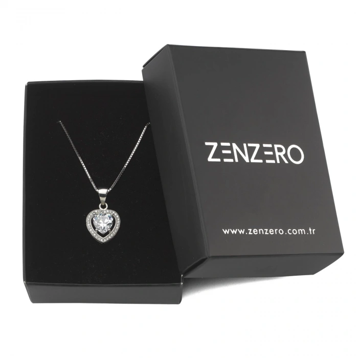 Gümüş Kalp Desenli Tek Taş Kolye