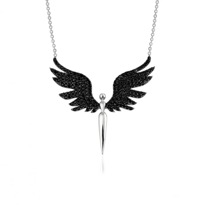 Gümüş Melek Kolye Siyah Taşlı
