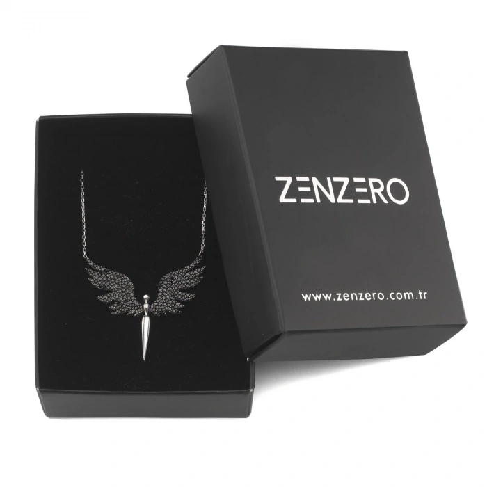 Gümüş Melek Kolye Siyah Taşlı