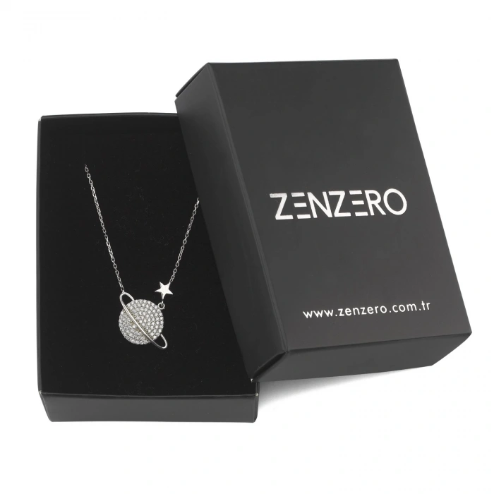 Gümüş Planet Kolye Beyaz Taşlı