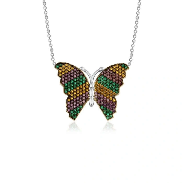 Gümüş Renkli Taşlı Kelebek Kolye
