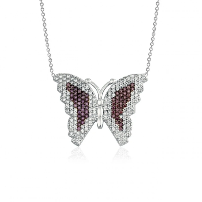 Gümüş Renkli Taşlı Kelebek Kolye