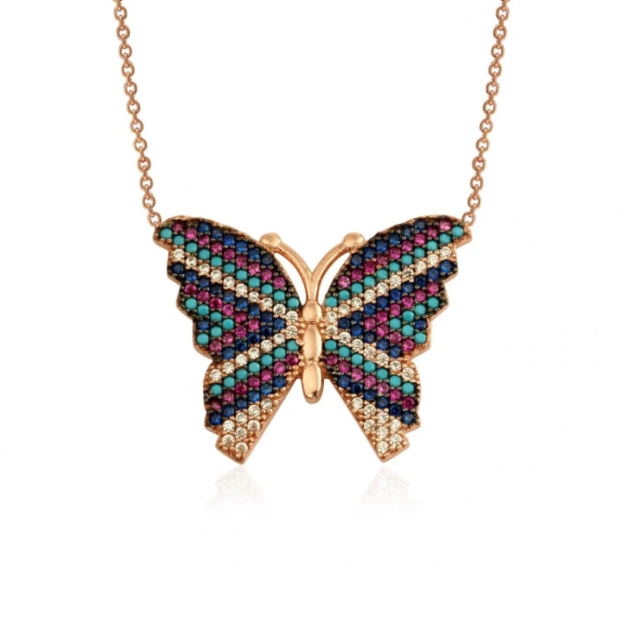 Gümüş Renkli Taşlı Kelebek Kolye Rose