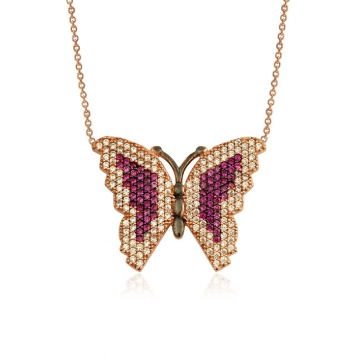 Gümüş Renkli Taşlı Kelebek Kolye Rose
