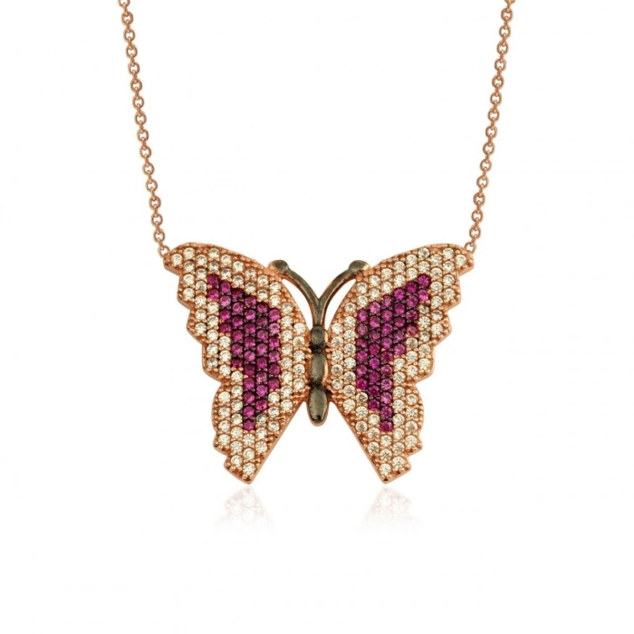 Gümüş Renkli Taşlı Kelebek Kolye Rose