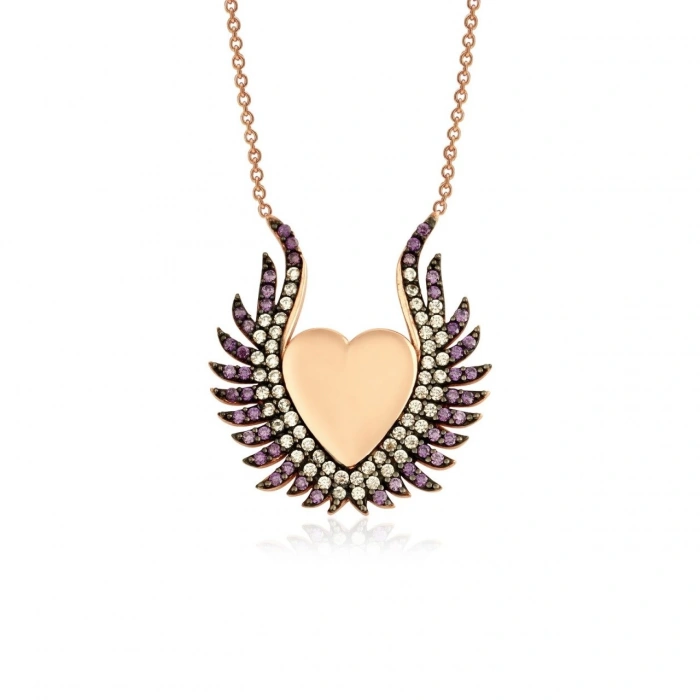 Gümüş Rose Zincirli Kanatlı Kalp Kolye