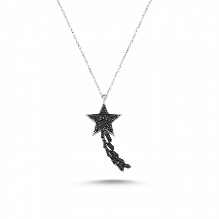 Gümüş Şimal Yıldızı Kolye Siyah Taşlı