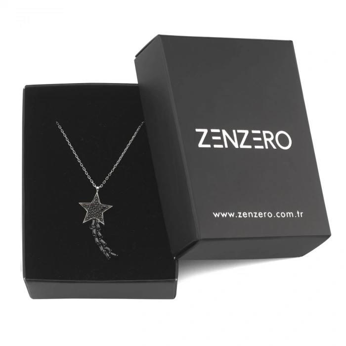 Gümüş Şimal Yıldızı Kolye Siyah Taşlı