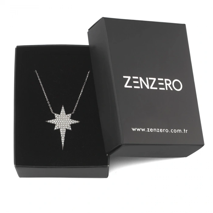 Gümüş Sirius Yıldızı Kolye Beyaz Taşlı