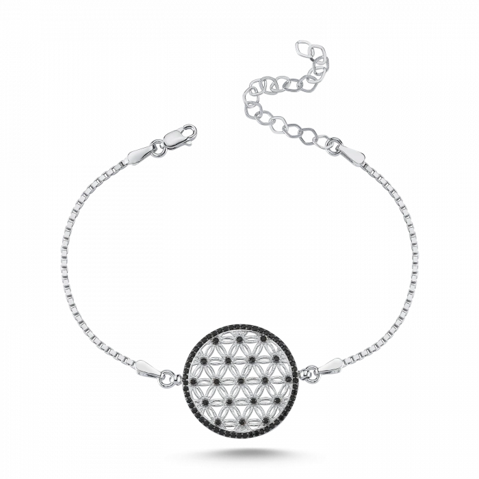 Gümüş Yaşam Çiçeği Bileklik Siyah