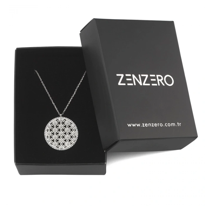 Gümüş Yaşam Çiçeği Kolye Beyaz Taşlı