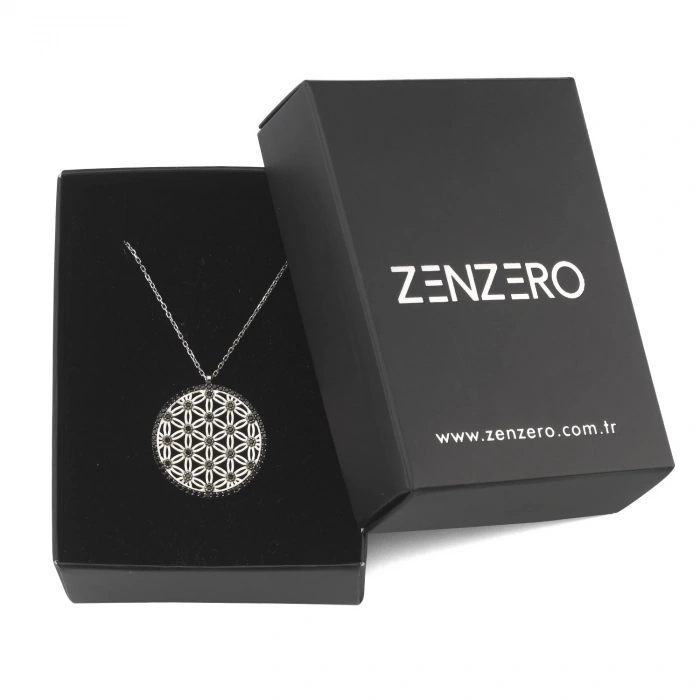 Gümüş Yaşam Çiçeği Kolye Siyah Taşlı