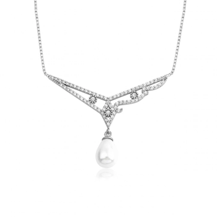 Pırlanta Montürlü Gümüş İnci Gerdanlık
