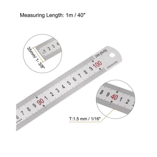 100cm ( 40 inch ) - Çift Taraflı Paslanmaz Çelik Metal Cetvel - Kalınlık 1.2mm