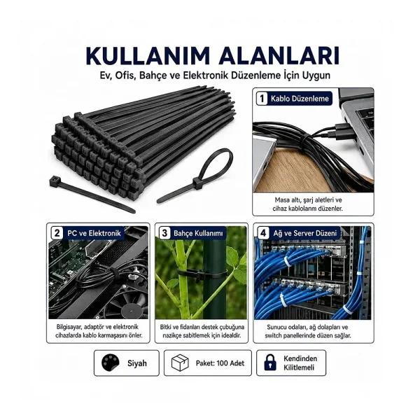 10cm Kablo Bağı Cırt Kelepçe Siyah - 100 Adet