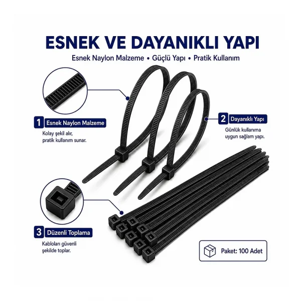 10cm Kablo Bağı Cırt Kelepçe Siyah - 100 Adet