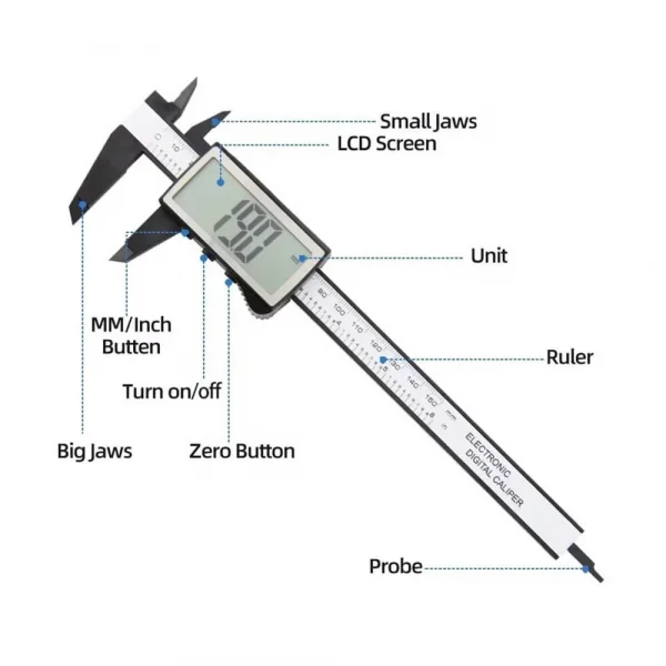 150mm Dijital Kumpas - 3 Düğmeli Geniş Ekran Kalınlık Ölçer
