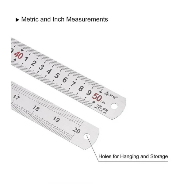 50cm ( 20 inch ) - Çift Taraflı Paslanmaz Çelik Metal Cetvel - Kalınlık 1mm