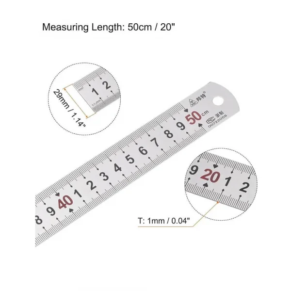 50cm ( 20 inch ) - Çift Taraflı Paslanmaz Çelik Metal Cetvel - Kalınlık 1mm