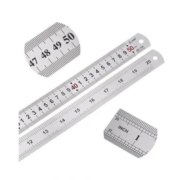 50cm ( 20 inch ) - Çift Taraflı Paslanmaz Çelik Metal Cetvel - Kalınlık 1mm