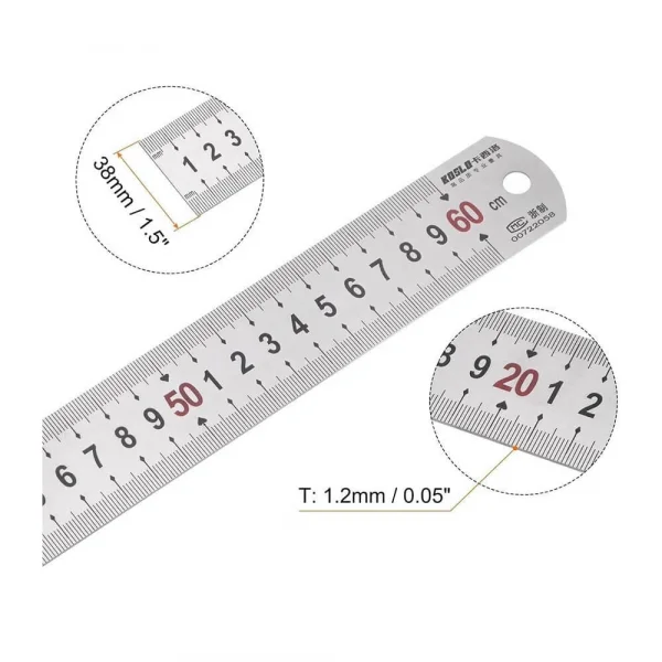 60cm ( 24 inch ) - Çift Taraflı Paslanmaz Çelik Metal Cetvel - Kalınlık 1mm