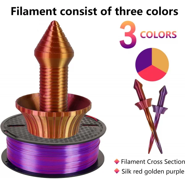 Kingroon PLA Silk Üçlü Renk Filament - Kırmızı Altın Mor