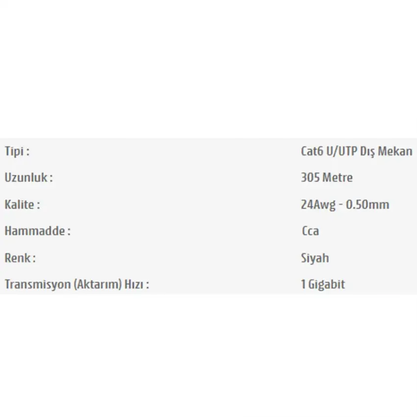 Pars Power 24Awg 0.50mm 305 Metre Network Cat6 U/UTP Dış Mekan Data Kablosu