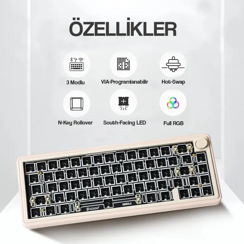 CIDOO ABM067 Nebula Esports RGB Mekanik 3 Mode Kablosuz Klavye KİTİ (PEMBE)