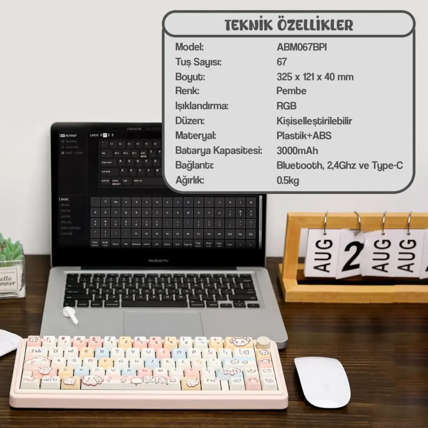 CIDOO ABM067 Nebula Esports RGB Mekanik 3 Mode Kablosuz Klavye KİTİ (PEMBE)