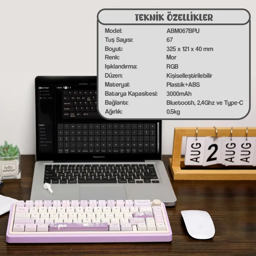 CIDOO ABM067 Nebula Esports RGB Mekanik 3 Mode Kablosuz Klavye KİTİ (MOR)