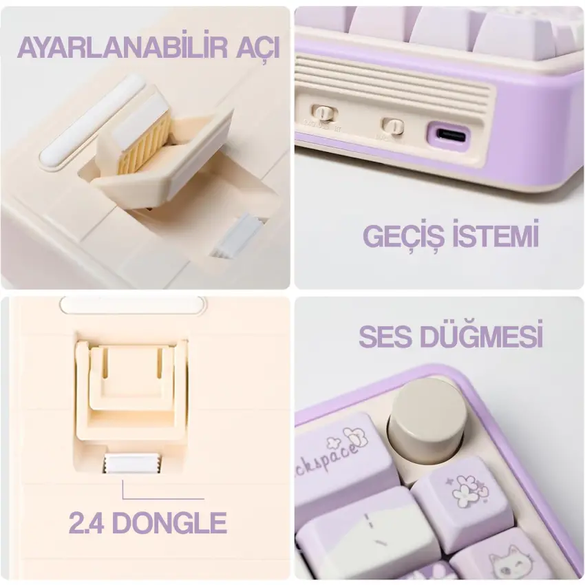 CIDOO ABM067 Nebula Esports RGB Mekanik 3 Mode Kablosuz Klavye KİTİ (MOR)