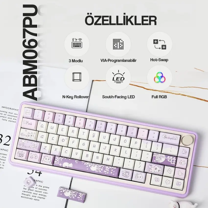 CIDOO ABM067 Nebula Esports RGB Mekanik 3 Mode Kablosuz Klavye (MOR)