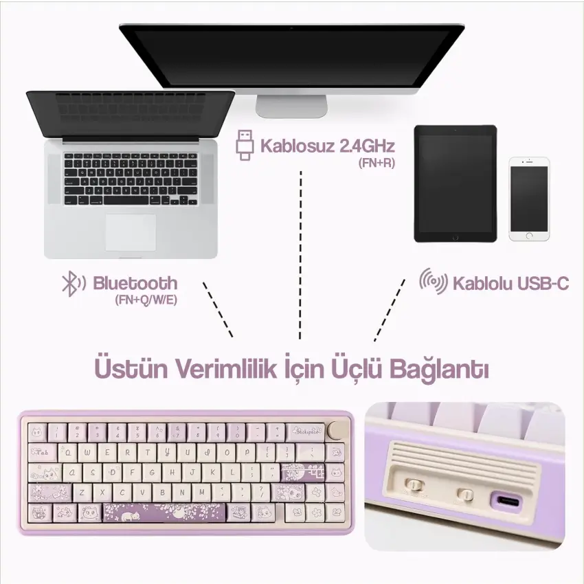 CIDOO ABM067 Nebula Esports RGB Mekanik 3 Mode Kablosuz Klavye (MOR)