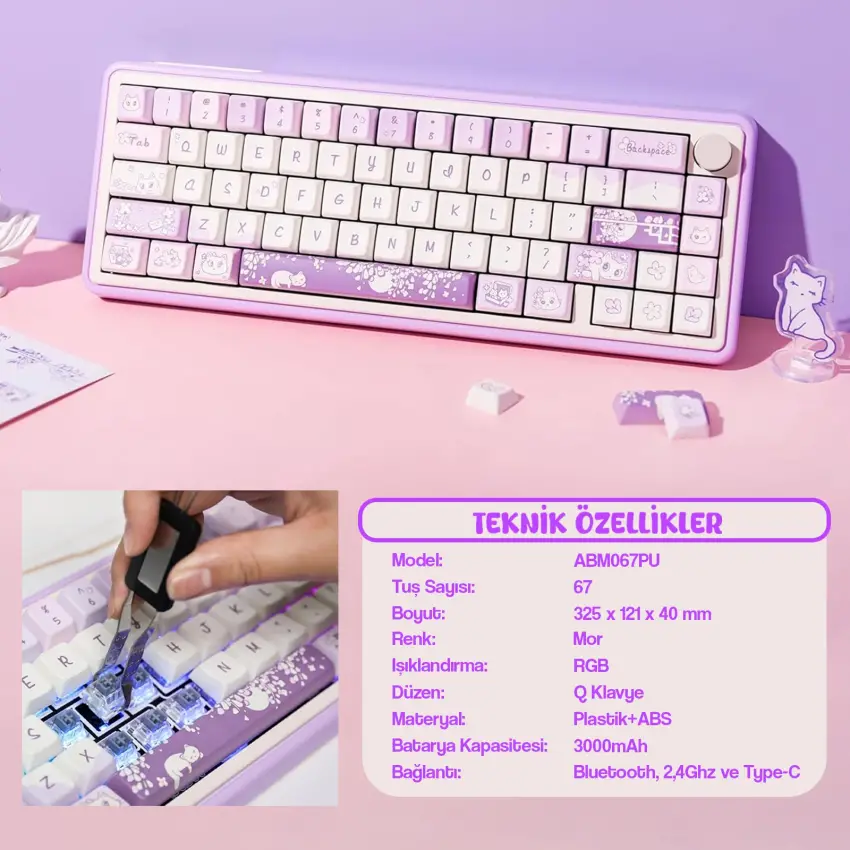 CIDOO ABM067 Nebula Esports RGB Mekanik 3 Mode Kablosuz Klavye (MOR)