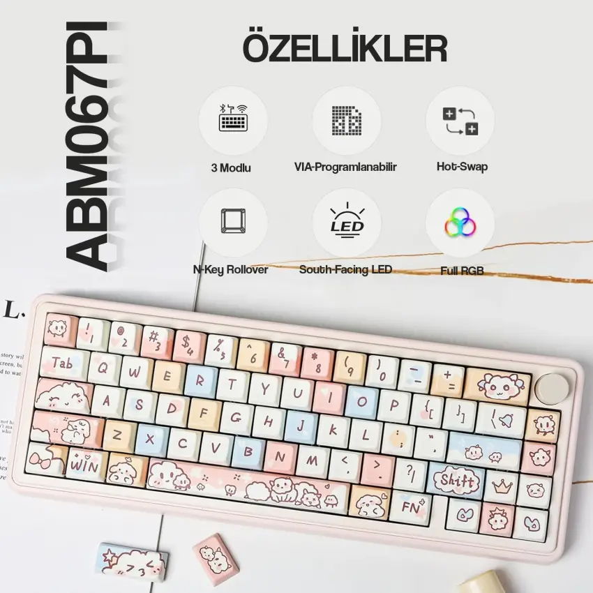 CIDOO ABM067 Nebula Esports RGB Mekanik 3 Mode Kablosuz Klavye (PEMBE)
