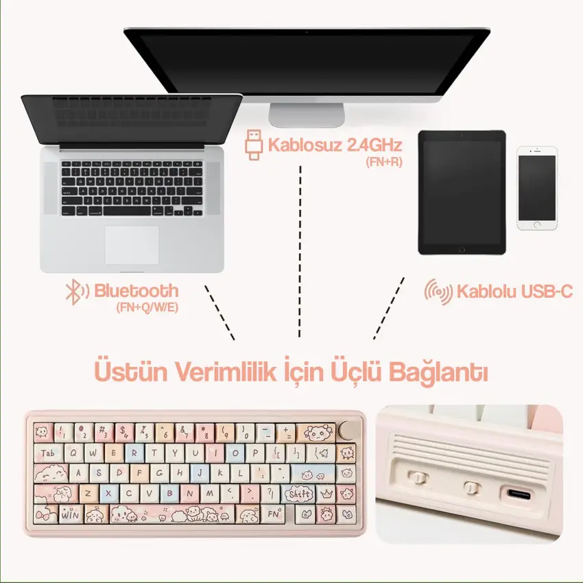 CIDOO ABM067 Nebula Esports RGB Mekanik 3 Mode Kablosuz Klavye (PEMBE)