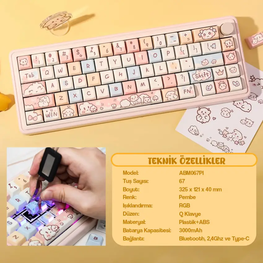 CIDOO ABM067 Nebula Esports RGB Mekanik 3 Mode Kablosuz Klavye (PEMBE)