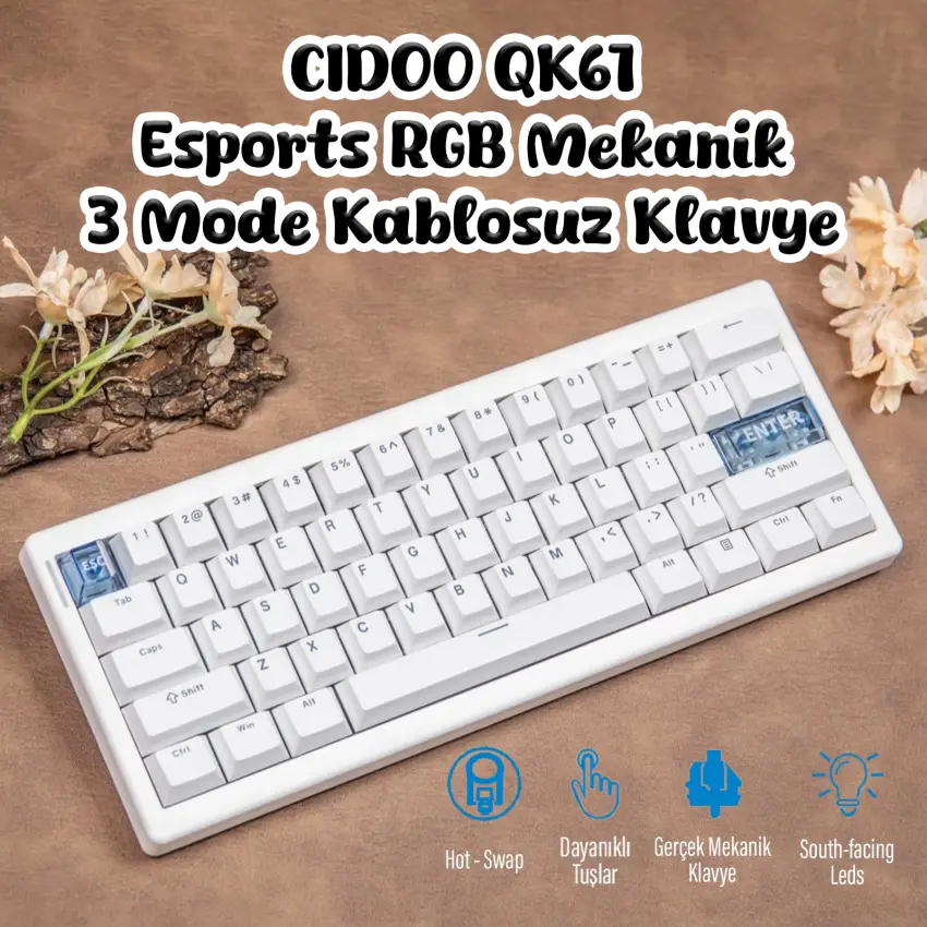 CIDOO QK61 Esports RGB Mekanik 3 Mode Kablosuz Klavye (BEYAZ)