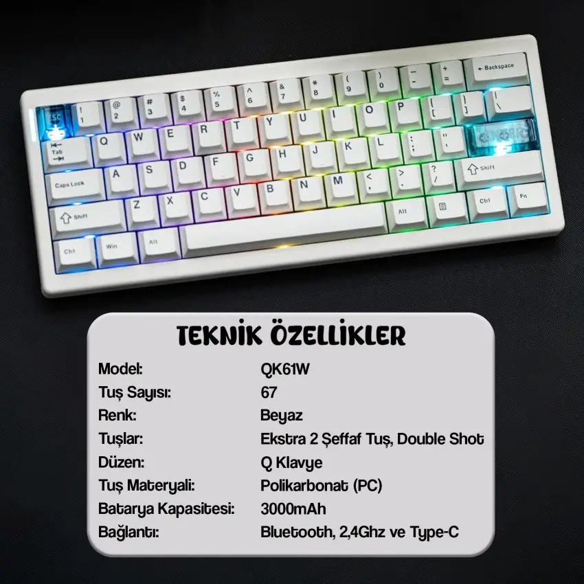 CIDOO QK61 Esports RGB Mekanik 3 Mode Kablosuz Klavye (BEYAZ)