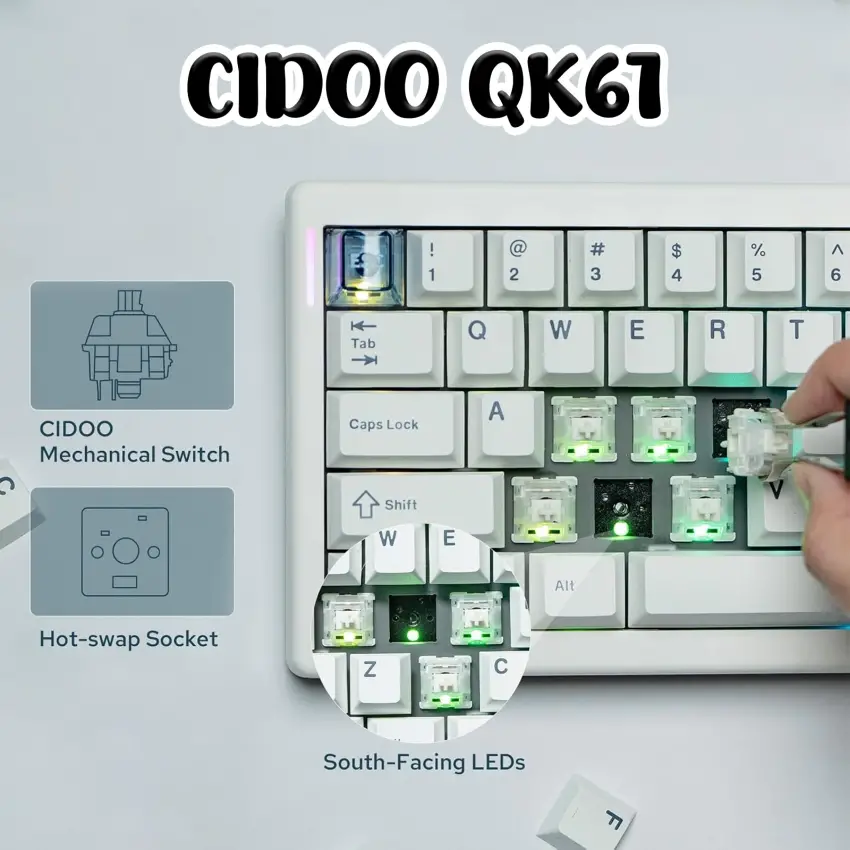 CIDOO QK61 Esports RGB Mekanik 3 Mode Kablosuz Klavye (BEYAZ)