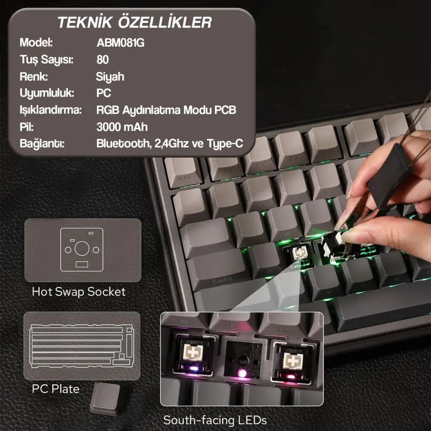 CIDOO ABM081 Stellar Esports RGB Mekanik 3 Mode Kablosuz Klavye KİTİ (SİYAH)