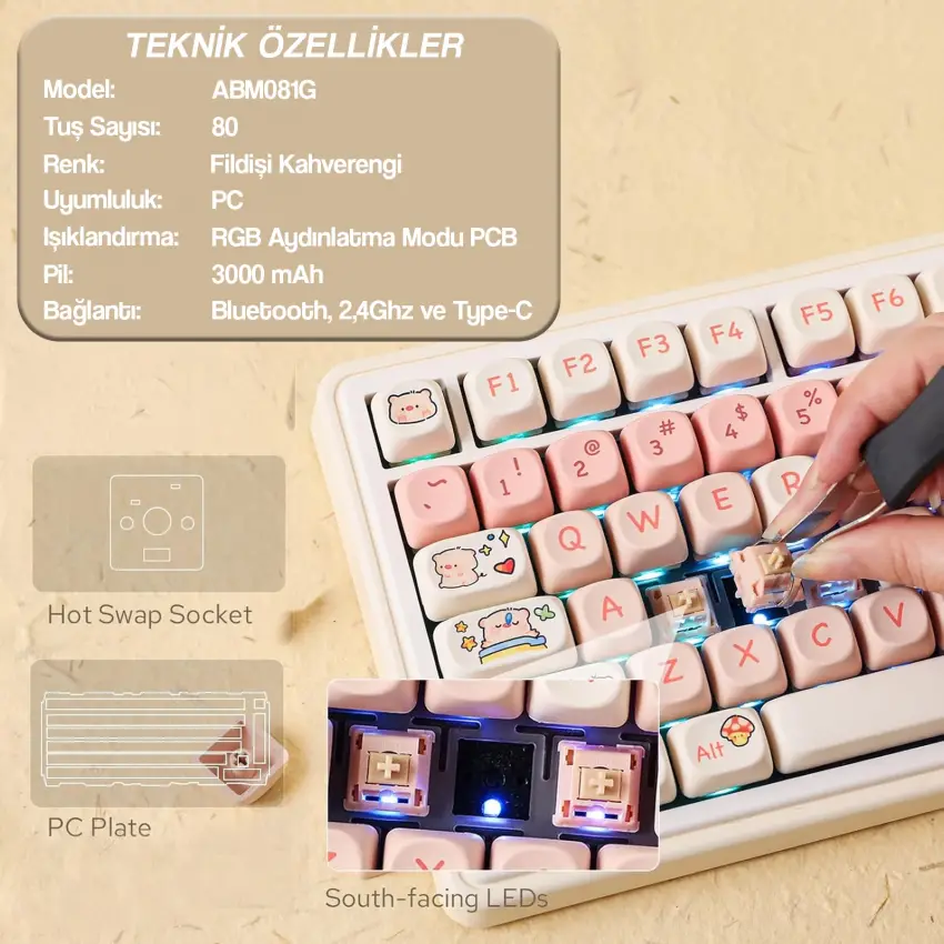 CIDOO ABM081 Stellar Esports RGB Mekanik 3 Mode Kablosuz Klavye KİTİ (IVORY COFFY)
