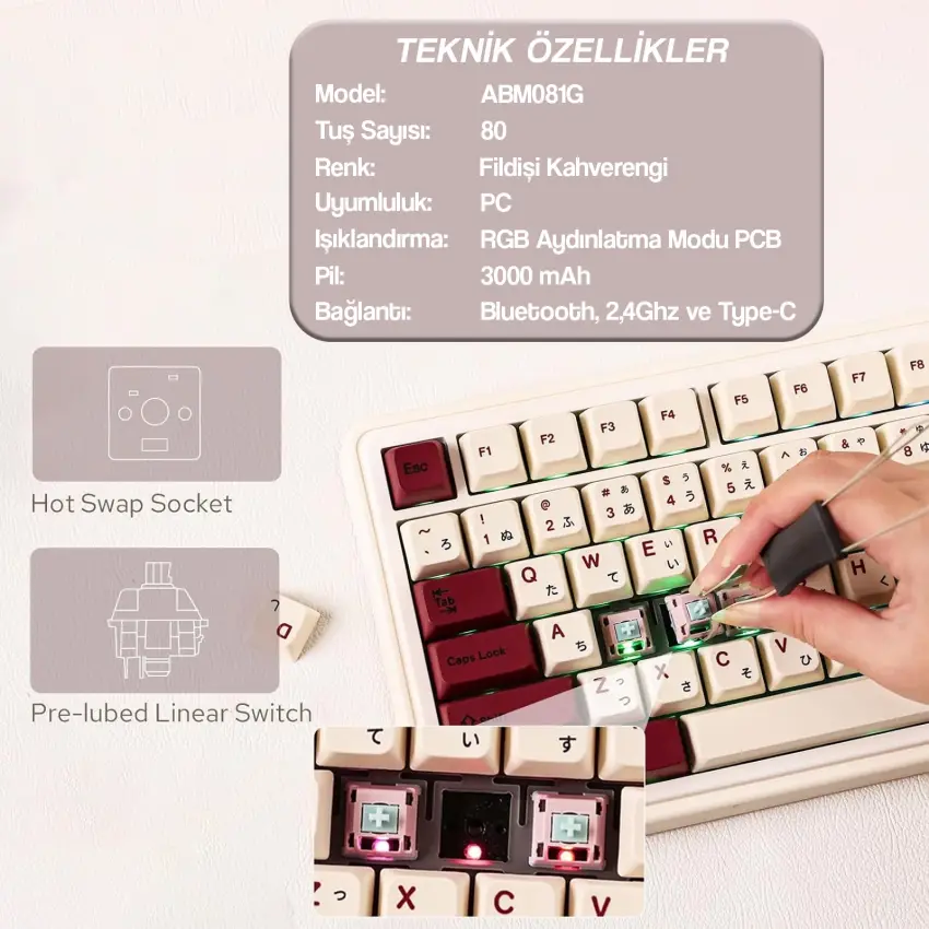CIDOO ABM081 Stellar Esports RGB Mekanik 3 Mode Kablosuz Klavye (IVORY COFFY)