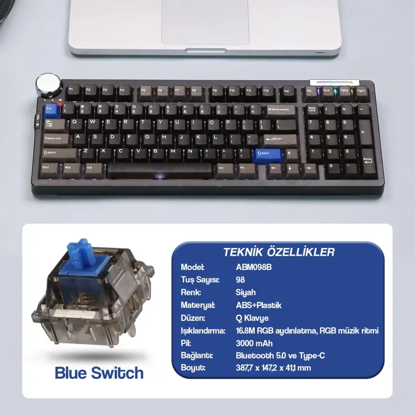 CIDOO ABM098 Esports RGB Mekanik 3 Mode Kablosuz Klavye (SİYAH)