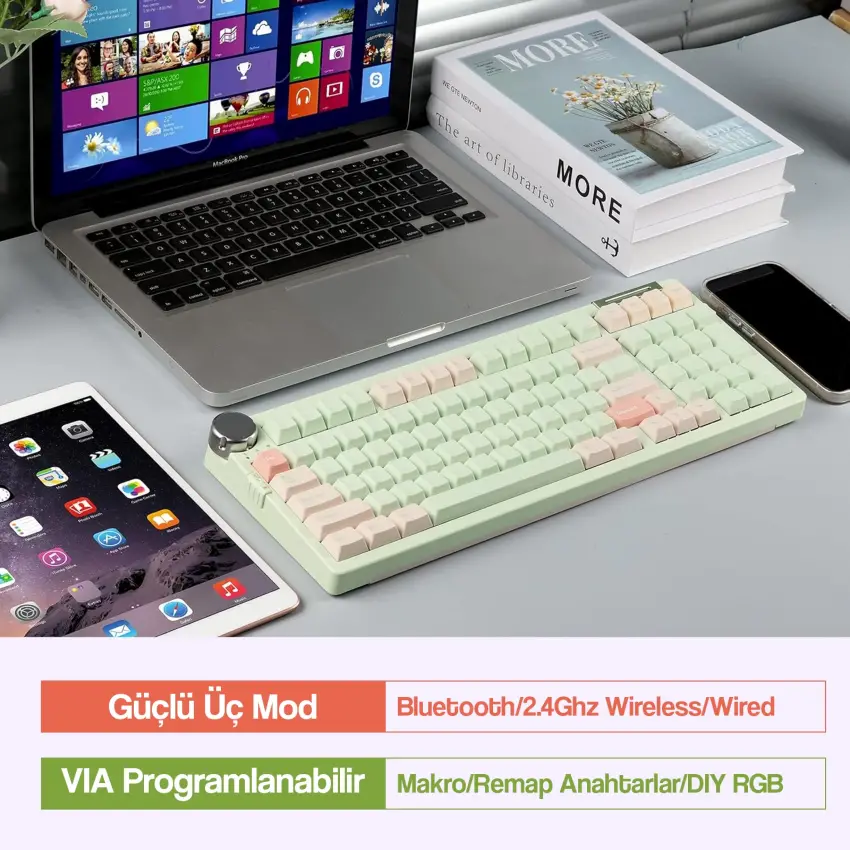 CIDOO ABM098 Esports RGB Mekanik 3 Mode Kablosuz Klavye (YEŞİL)
