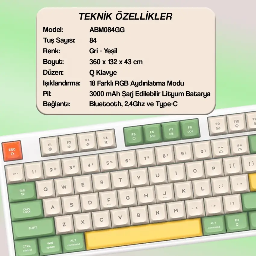 CIDOO ABM084 Esports RGB Mekanik 3 Mode Kablosuz Klavye (GRI YEŞİL)