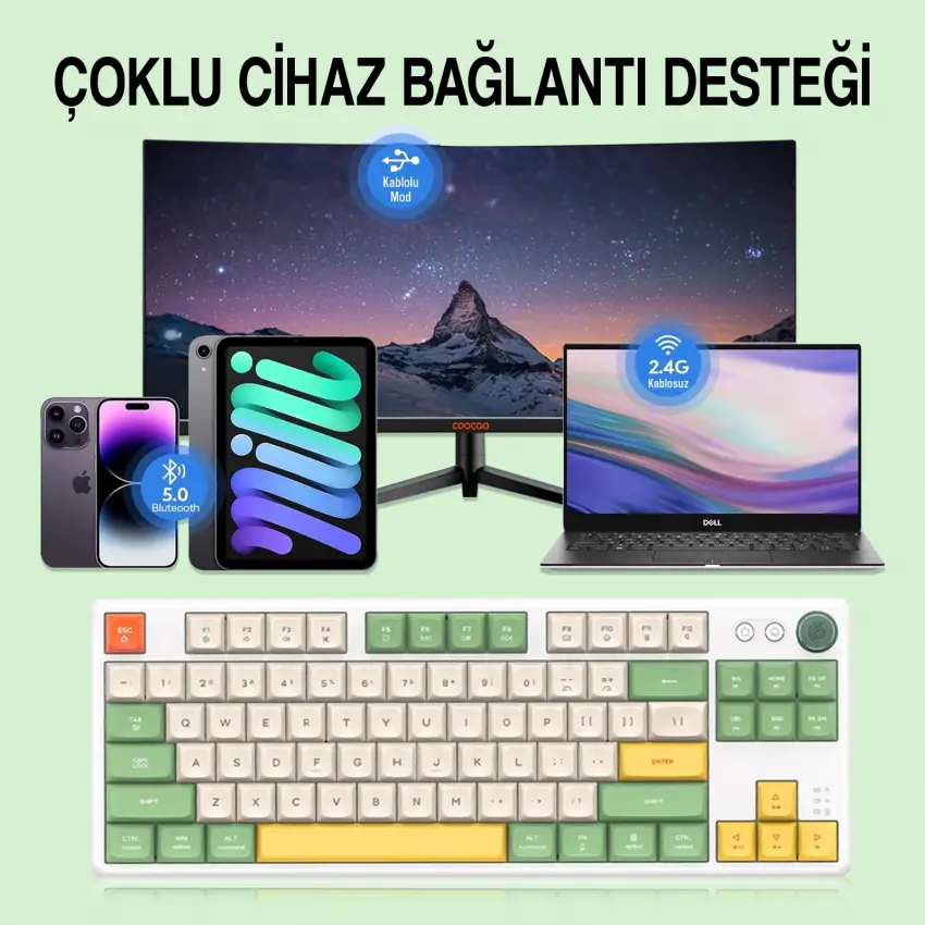 CIDOO ABM084 Esports RGB Mekanik 3 Mode Kablosuz Klavye (GRI YEŞİL)