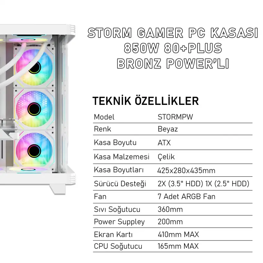 Gameagle Storm 7 Argb Fanlı Oyuncu Pc Kasası 850W 80+ Plus Bronz Powerlı (Beyaz)